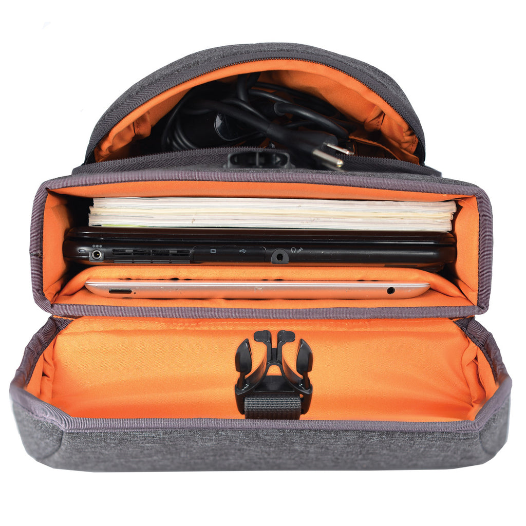 Vert case open with laptop and folders